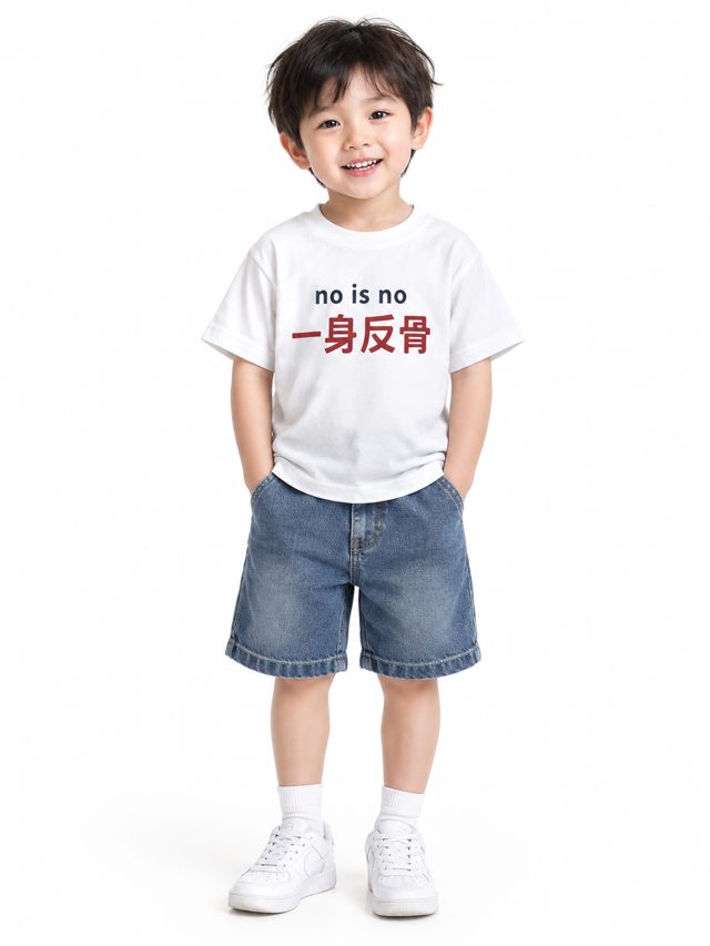 让一个小孩穿着这件衣服，纯白背景，生成一张淘宝电商模特图